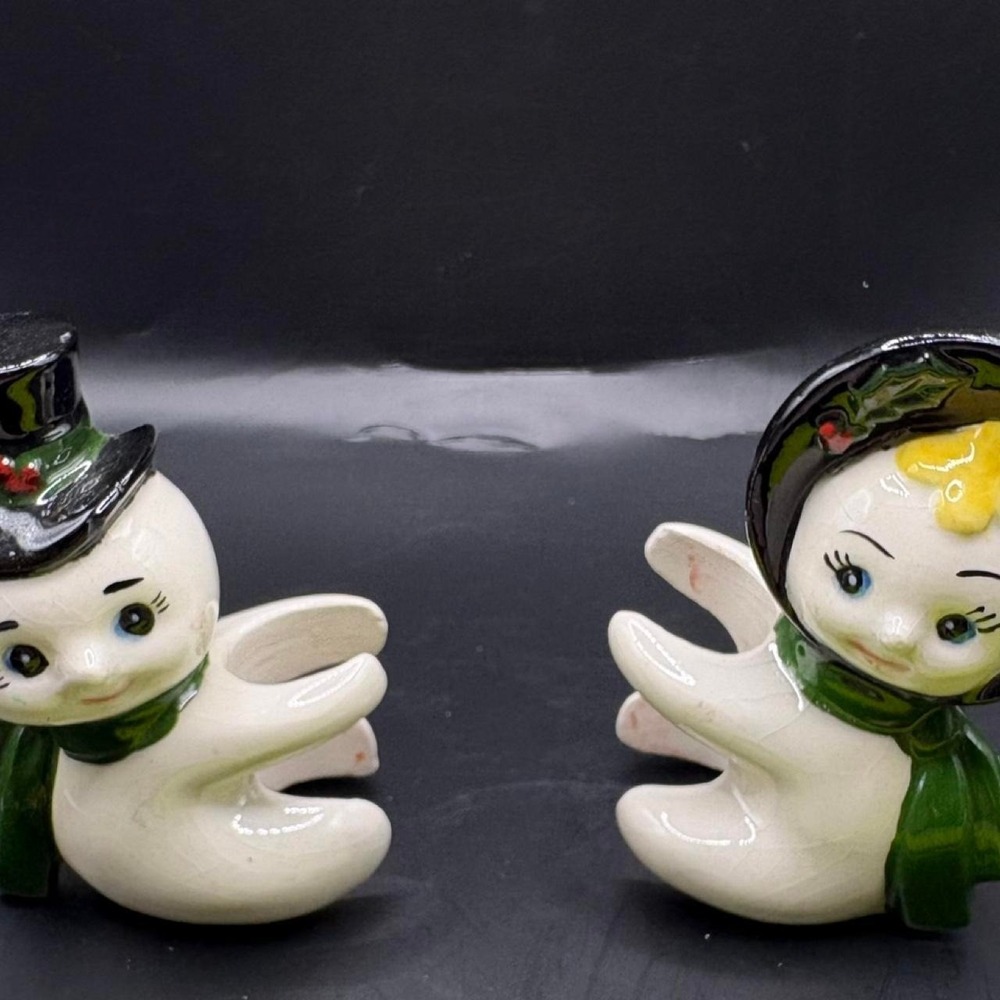 Vintage Ceramic Christmas Candle Climbers Pair Man Woman Top Hat Bonnet Holiday